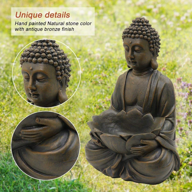 Goodeco 12" Meditating Buddha Statue Figurine w/Lotus - Zen Garden Statues for Indoor/Outdoor Decor- with Magical Glow in Dark Pebbles & Glass Stones, Ideal Gifts for Home (Brown) - Image 4